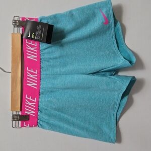 Nike Girls Training Shorts Size Large Blue Pink Spellout Elastic Waistband